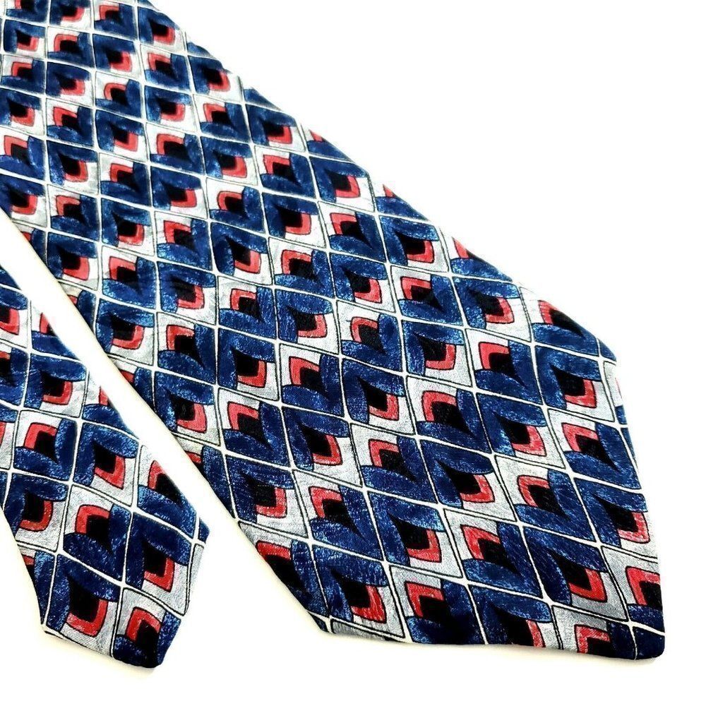 JT Beckett Blue Gray Red Geometric Print‎ Wide Silk Tie